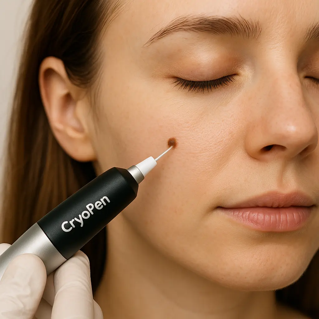woman receiving facial mole removal Greater London (City of London) using cryopen