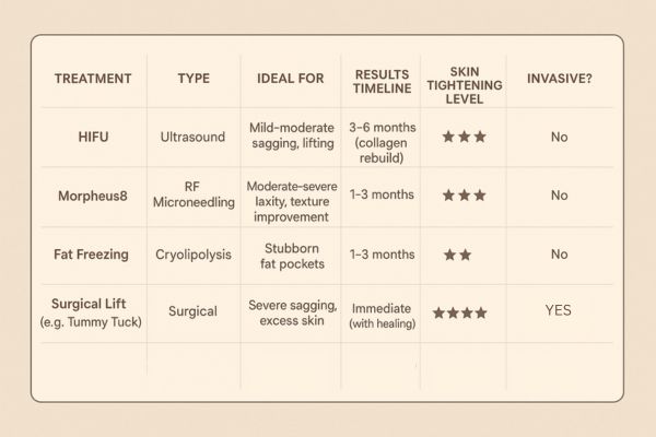 Table showing the comparisons of Skin tightening Greater London (City of London) treatment options.